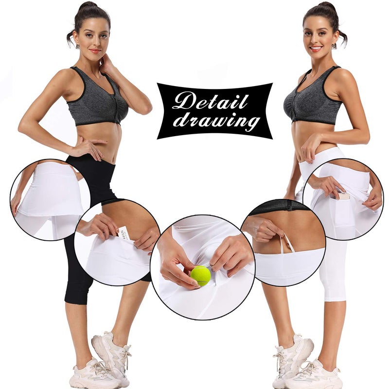 Ibeauti Womens UPF 50+ Yoga Skirted Capri Leggings Golf Tennis Pants with Skirt for Running Workout Active (Black, X-Large) - Image 3